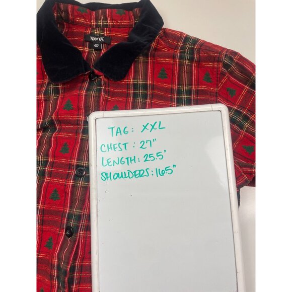 Krazy Kat XXL Red Plaid Christmas Tree Button-Down Shirt Velvet Collar - Picture 7 of 8